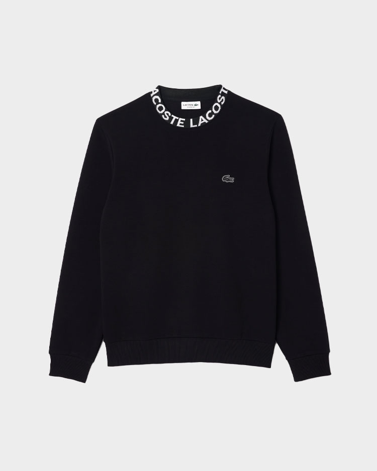 סווטשירט לקוסט שחור לגבר עם לוגו תנין רקום בחזית וצווארון עגול עם הדפס