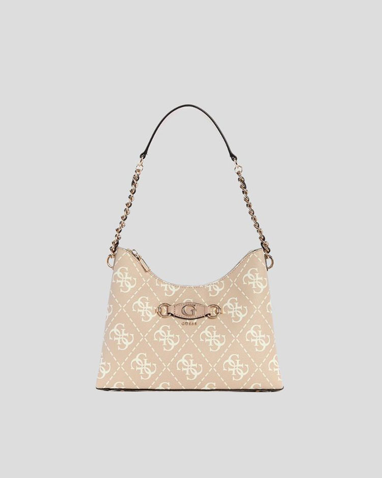 תיק צד לנשים guess בצבע בז' עם הדפס של המותג וידית מעוצבת