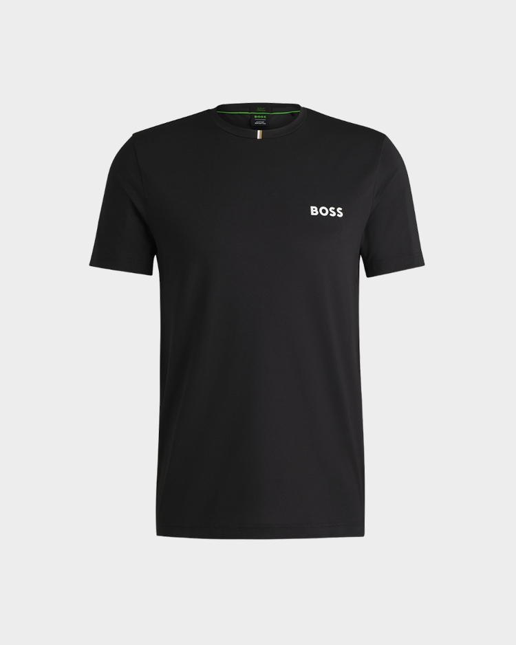 טישרט שחורה לגבר של בוס עם שרוול קצר ולוגו לבן בחזית