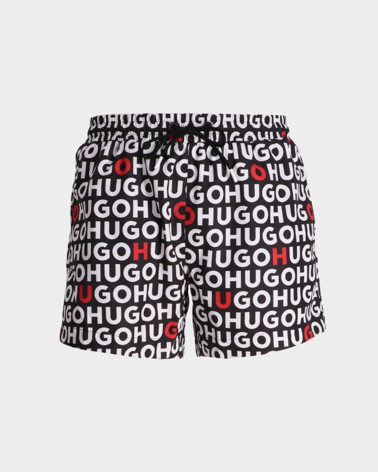 מכנס בגד ים קצר שחור לגברים של HUGO עם הדפס ממותג