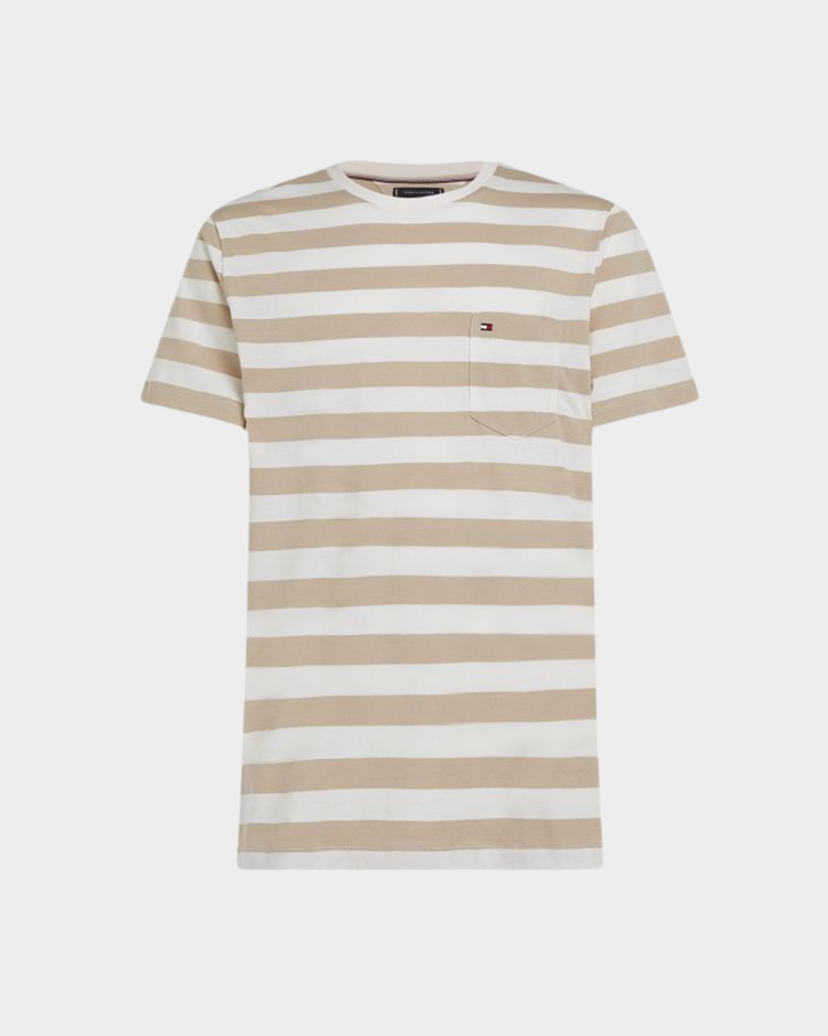 חולצת טי שירט פסים לגבר בגזרה רגילה עם שרוול קצר בגוון בז' לבן