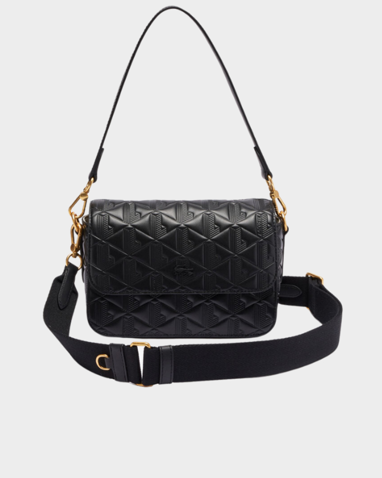 תיק כתף שחור מעור לנשים של לקוסט עם רצועה עבה