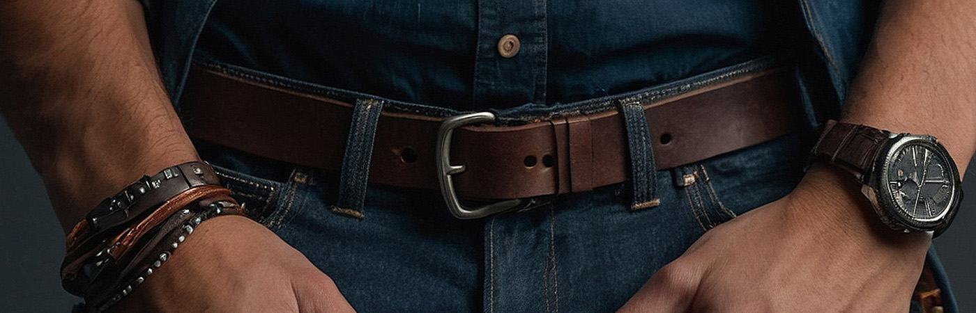 חגורת עור חומה עם אבזם מתכתי, משולבת עם מכנסי ג'ינס כהים