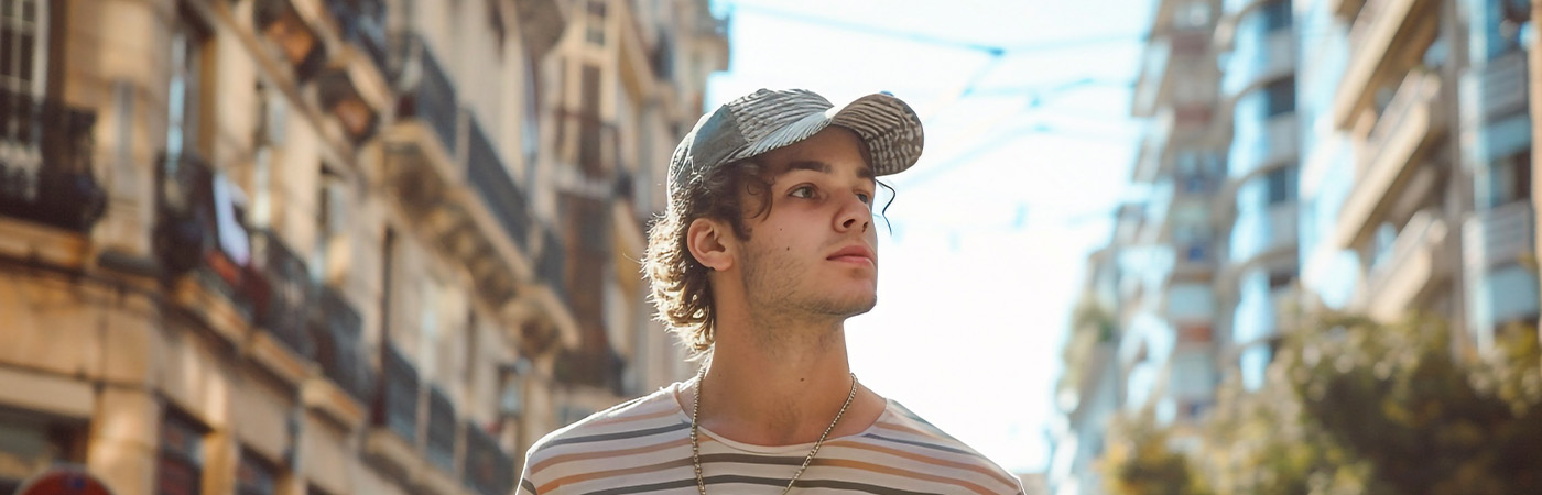 גבר חובש כובע מצחייה עם חולצת פסים צבעונית במראה אופנתי ורענן