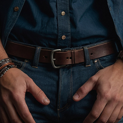 תקריב על חגורת עור לגבר בגוון חום עם אבזם מתכתי, משולבת עם מכנסי ג'ינס כהים