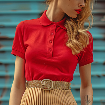 אישה עם חולצת פולו אדומה וחצאית קפלים אלגנטית, על רקע גרפיטי אורבני